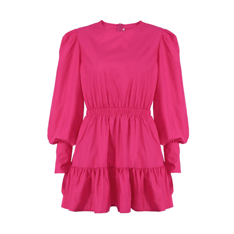 Crew Neck Balloon Sleeve Smocked Waist Ruffle Mini Dress