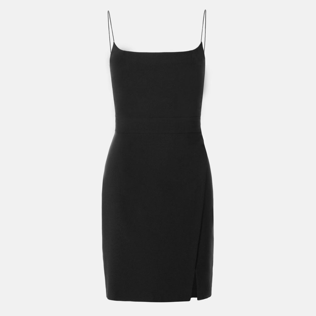 Square Neck Spaghetti Strap Wrap Front Slit Bodycon Mini Dress