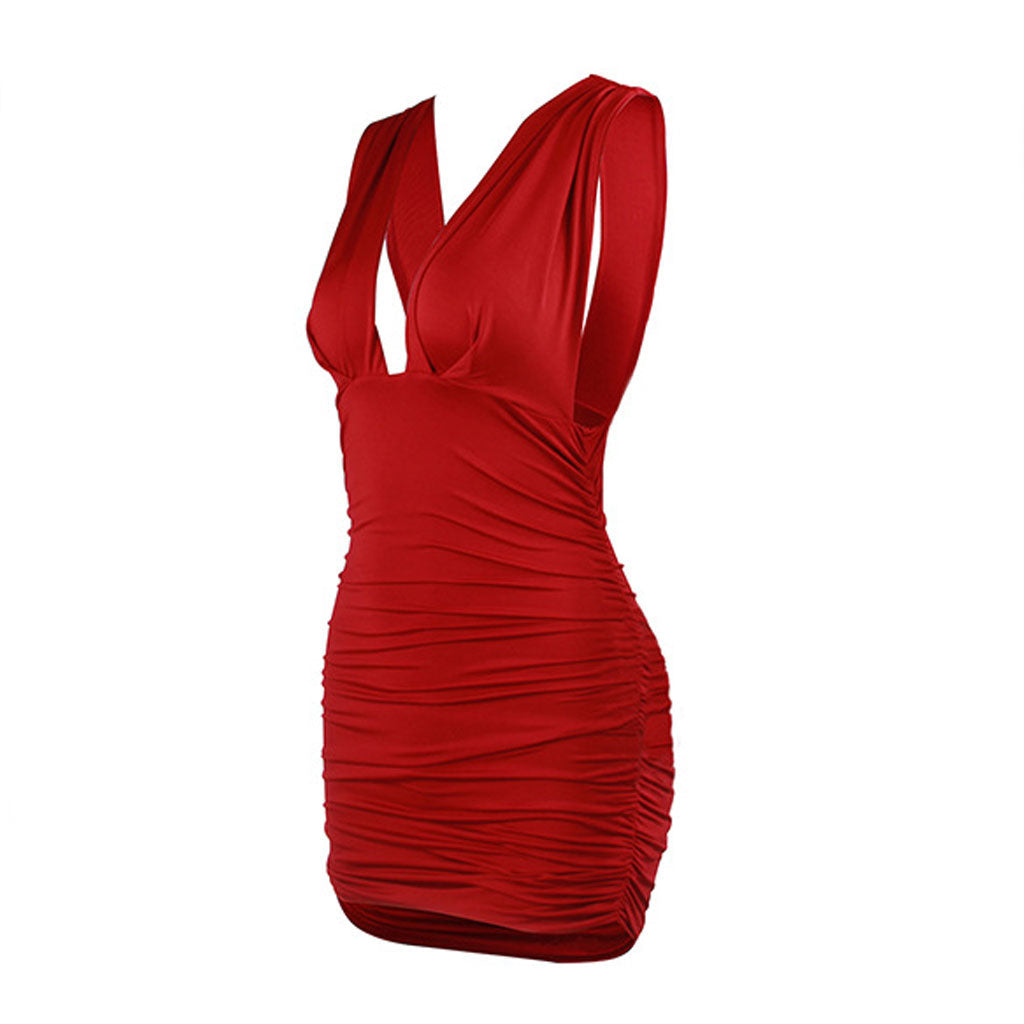 Deep V-Neck Wide Strap Horizontal Ruched Side Cutout Bodycon Mini Dress