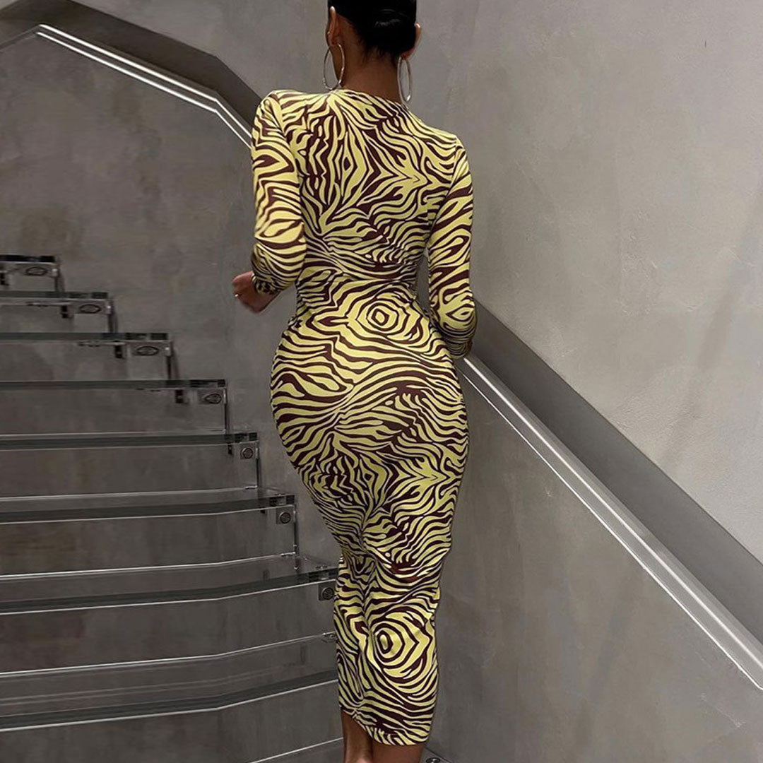Crew Neck Lace Up Chest Cutout Print Long Sleeve Bodycon Midi Dress