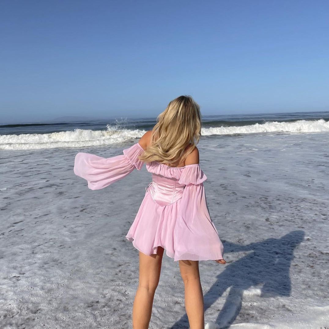 Off Shoulder Bell Sleeve Floral Lace Up Corset Mini Dress