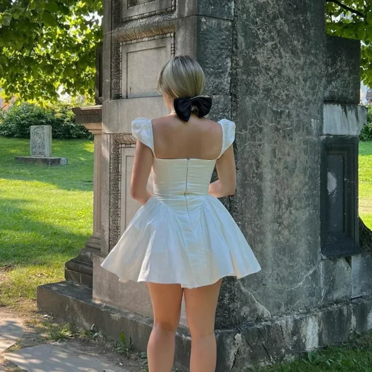 V Neck Cap Sleeve Button Front Corset Flared Mini Dress