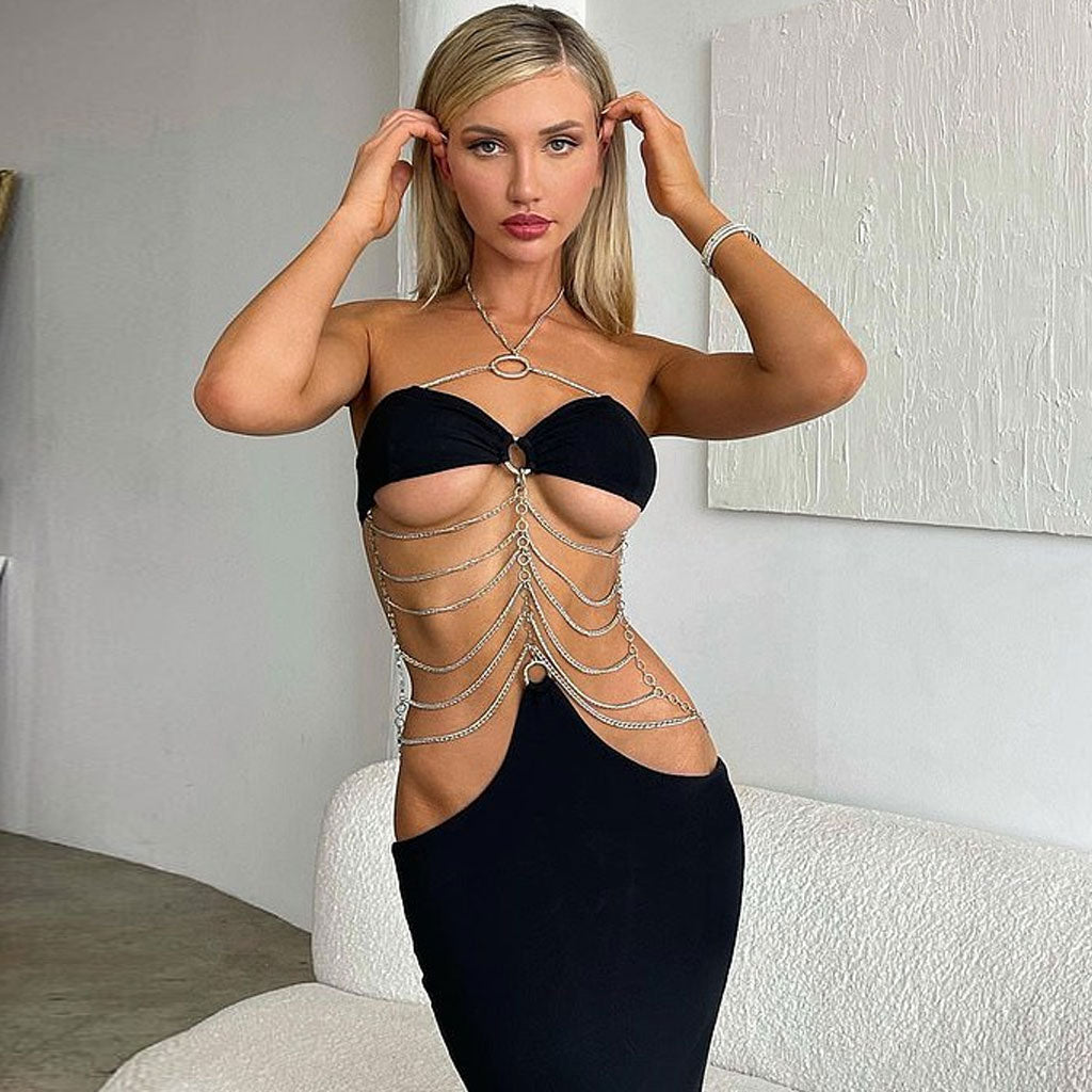 Bandeau Underbust Chain Link Draped Hip Cutout Column Maxi Dress