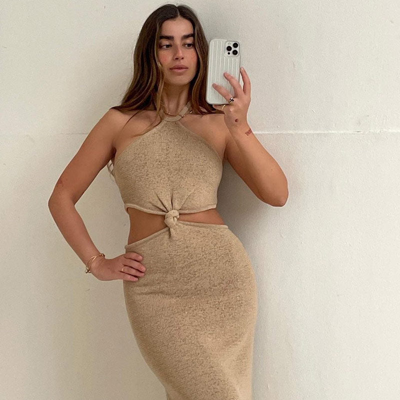 Halter Twist Front Side Cutout Rib Knit Bodycon Midi Dress
