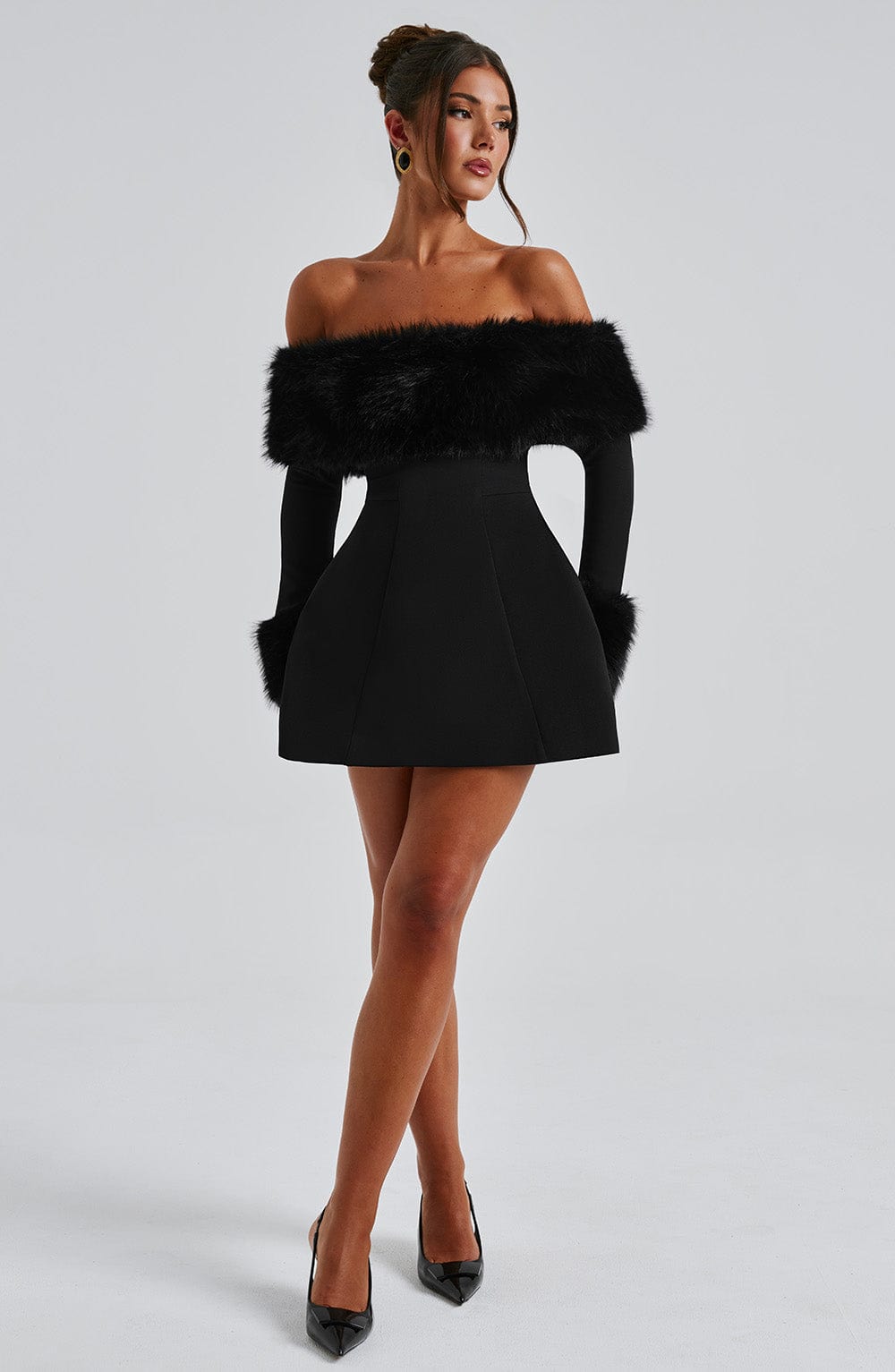 Off Shoulder Faux Fur Trim Long Sleeve Structured Mini Dress