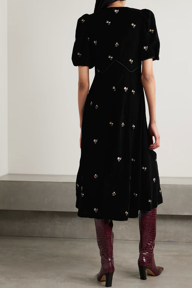 Floral Embroidered Puff Sleeve Crew Neck Velvet Midi Dress