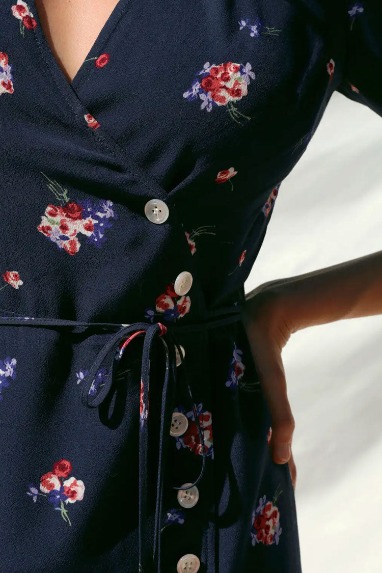 Floral Print V-Neck Wrap Tie-Waist Button Side Puff Sleeve Mini Dress