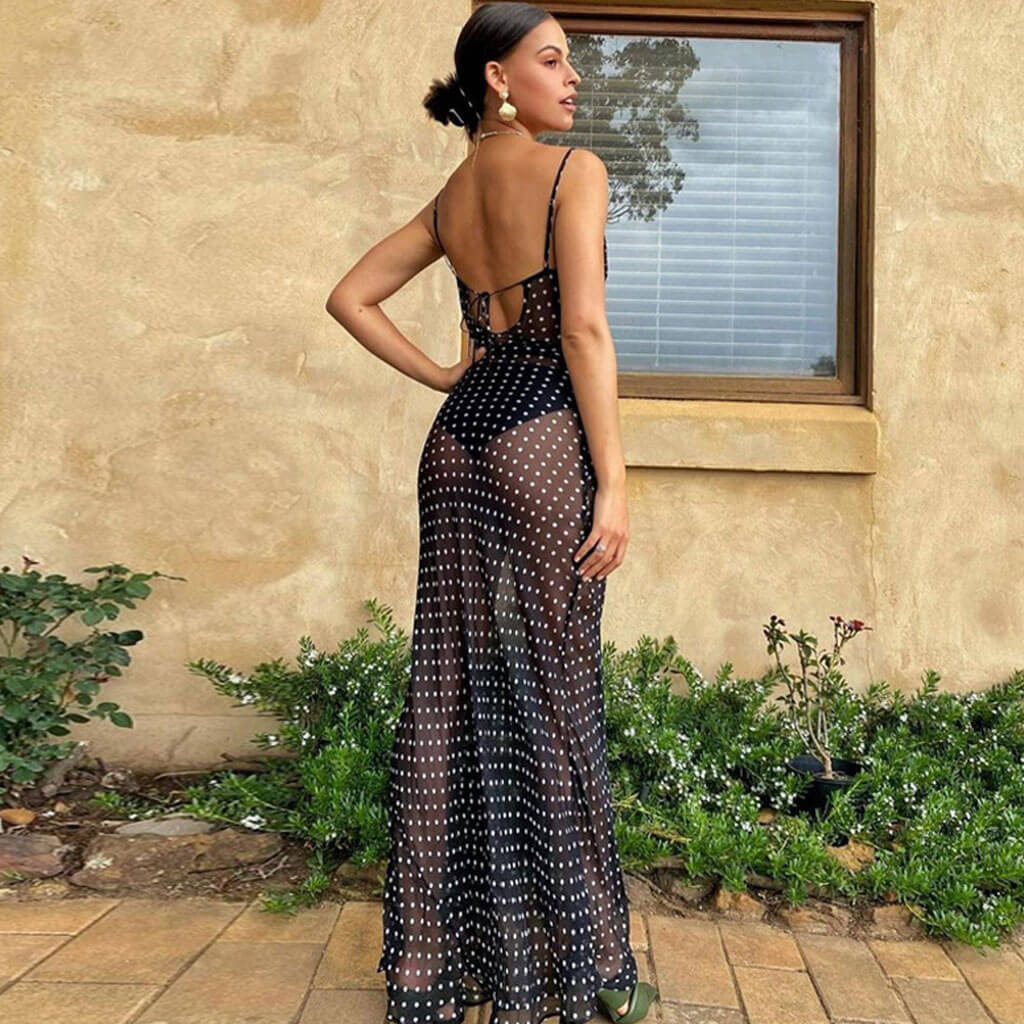 Cowl Neck Spaghetti Strap Polka Dot Sheer Wide Leg Jumpsuit