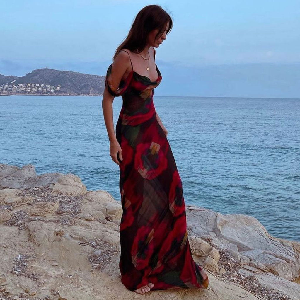 Cowl Neck Spaghetti Strap Cold Shoulder Abstract Watercolor Print Maxi Dress