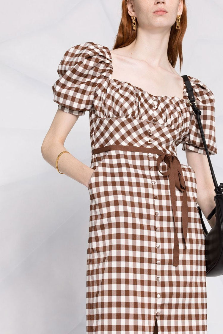 Puff Sleeve Square Neck Gingham Check Button Front Tie Waist Midi Dress