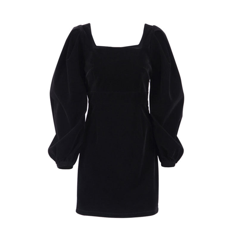 Square Neck Puff Sleeve Velvet Bodycon Mini Dress