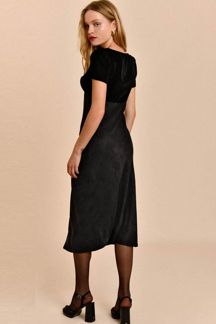 Velvet Puff Sleeve Keyhole Floral Embroidery Jacquard Empire Midi Dress
