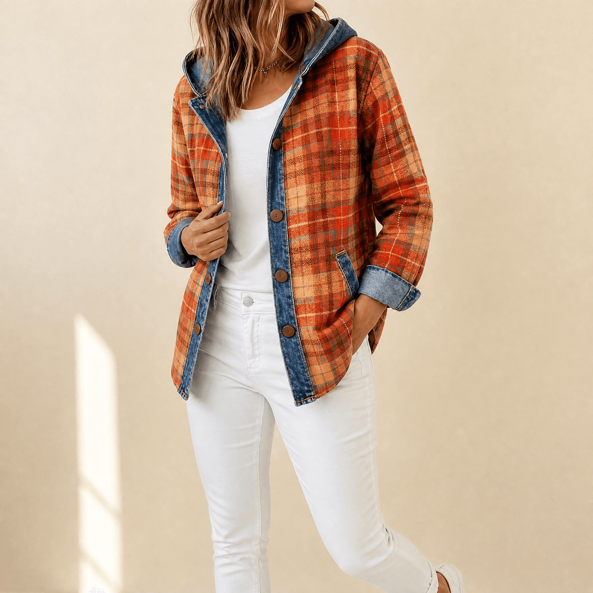 Women’s Contrast Denim Plaid Hooded Jacket