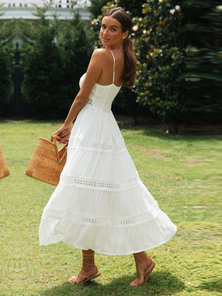 Deep V Neck Sleeveless Drawstring Tiered Linen Maxi Dress