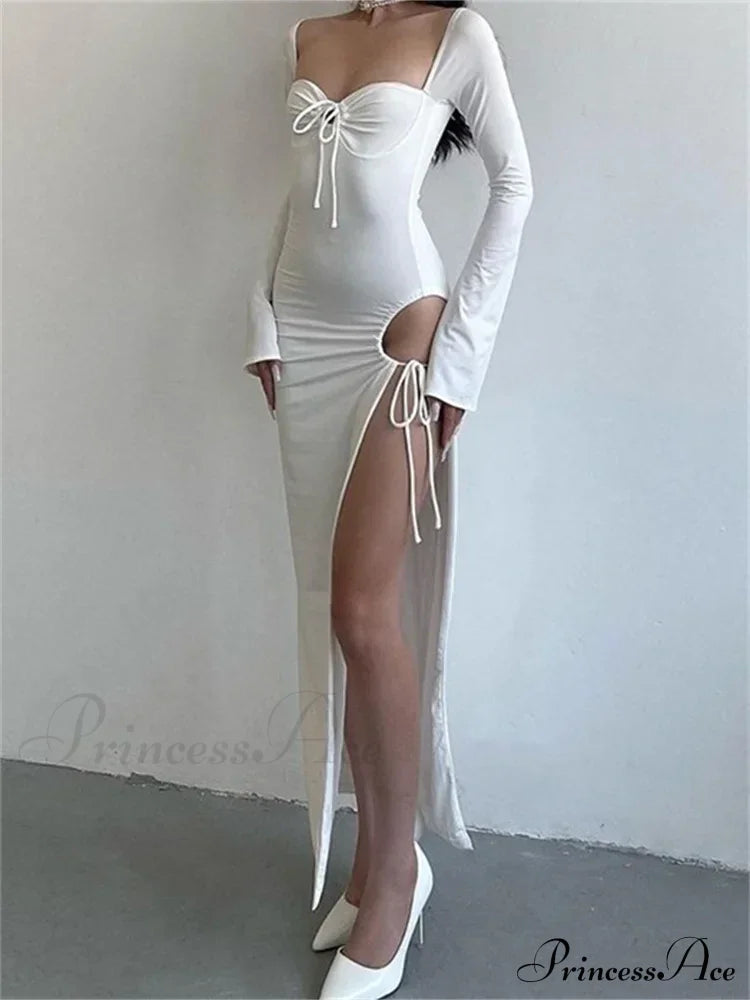 Women Sleeve Low-cut Tie-up Solid Color Slim Fit Cocktail Party High Split Female Vestidos