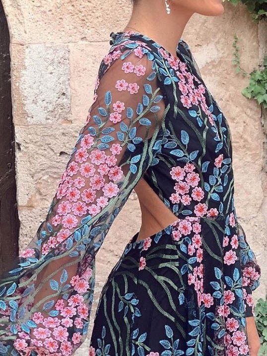 Round Neck Long Sleeve Floral Embroidery Open Back Sheer Maxi Dress