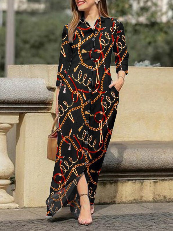 Dresses Chain Print Lapel Button Long Sleeve Dress
