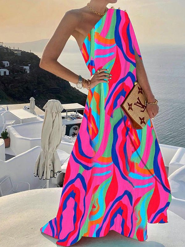Dresses One Shoulder Print Swing Dress