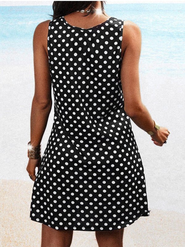 Polka Dot Print Keyhole Ring Detail Crew Neck Sleeveless Shift Mini Dress