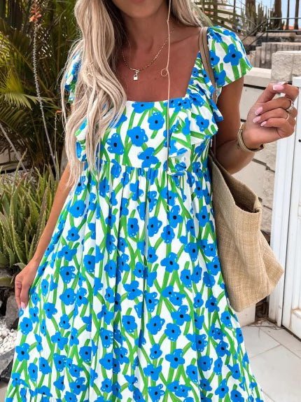 Floral Print Square Neck Ruffle Sleeve Tiered Maxi Dress