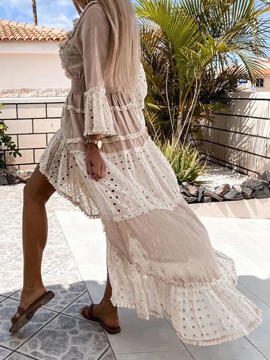 Dresses Neck Lace Panel Ruffle Irregular Dress