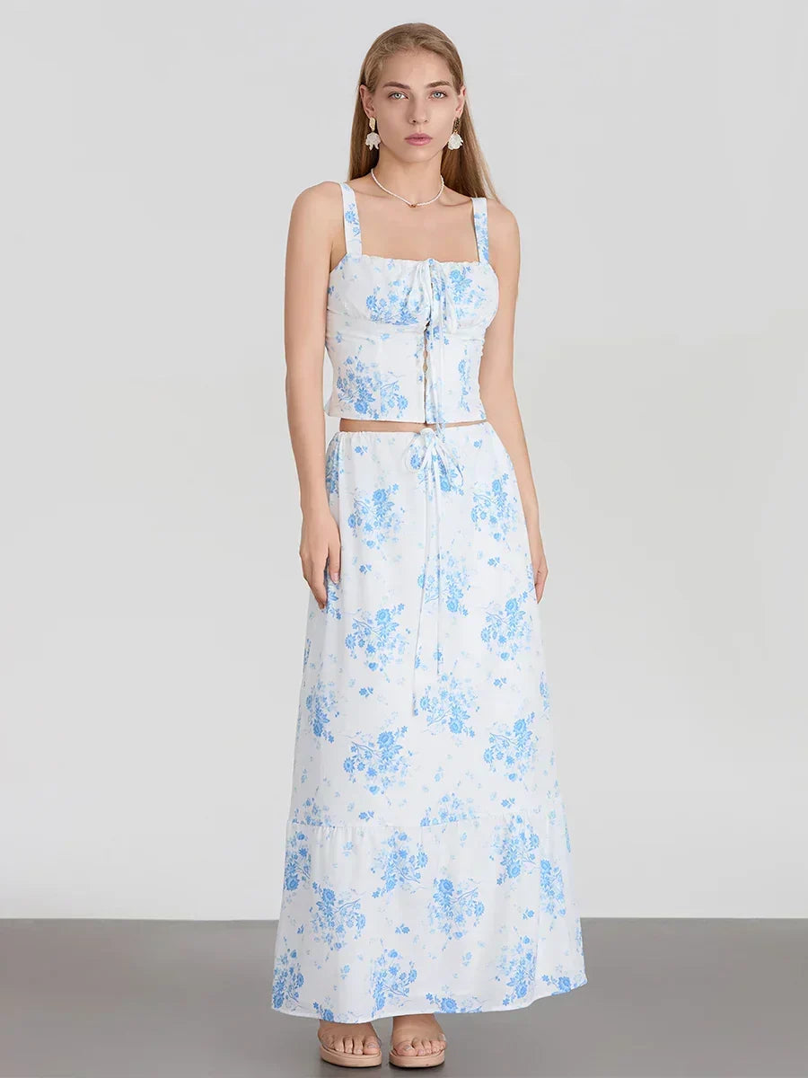 Suspender Crop Tank Top Drawstring A-line Skirt Floral Dress