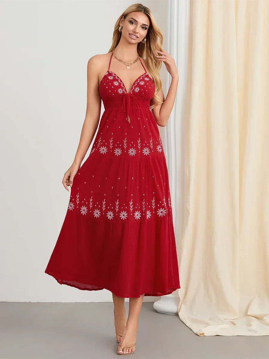 Flower Embroidery Tie-Up Halter Boho Backless A-Line Beach Dress