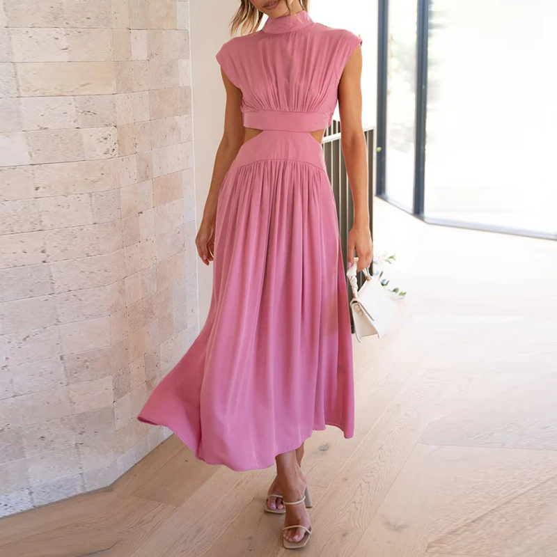Mock Neck Cap Sleeve Side Cut Out Pleated A-Line Midi Dress