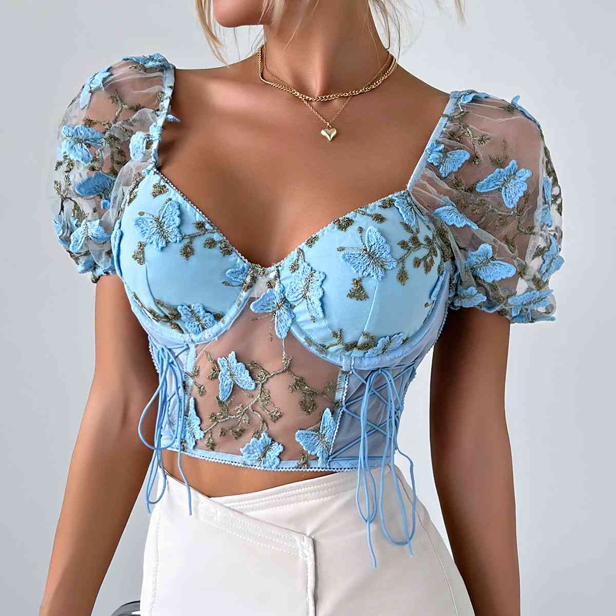 Butterfly Whispers Embroidery Charming Mesh Corset Top