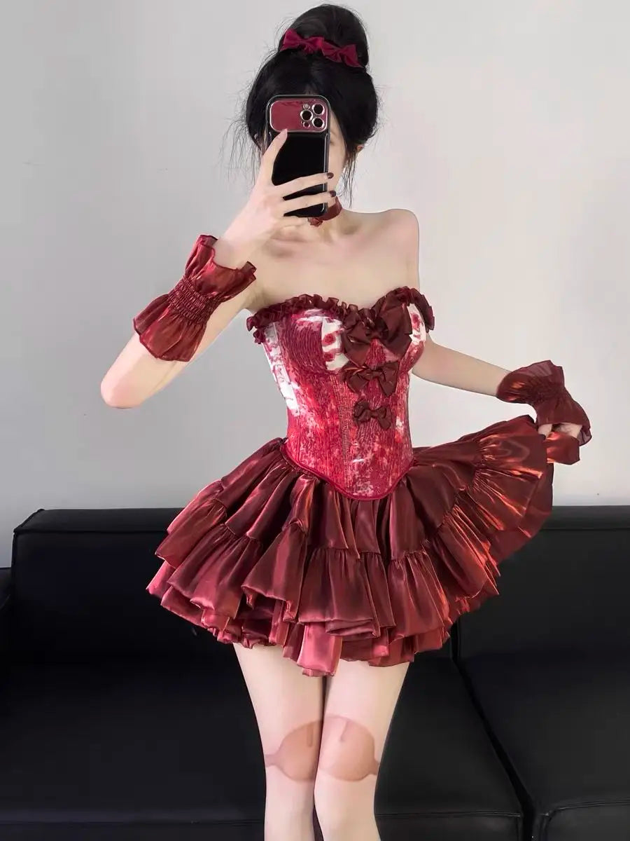 Sweet Hot Girl Halloween Suit Women's Autumn Strapless Top High Waist A-line Skirt Sleeve Cover Three-piece Set Female Clothes
