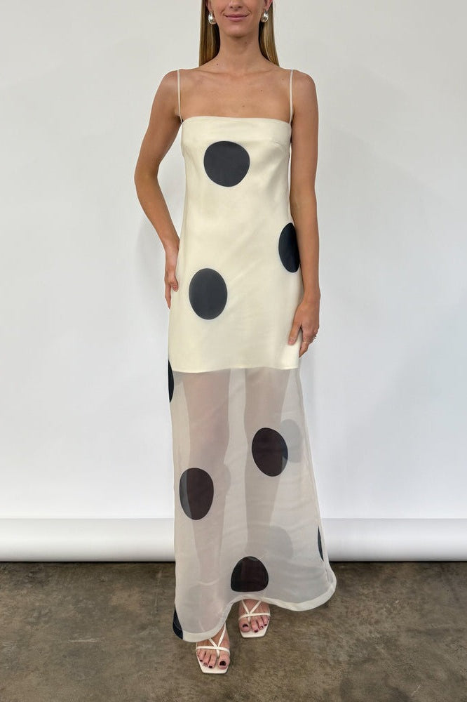 White Polka Dot Bodycon Cami Maxi With Side Slit Dress