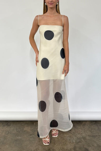 White Polka Dot Bodycon Cami Maxi With Side Slit Dress