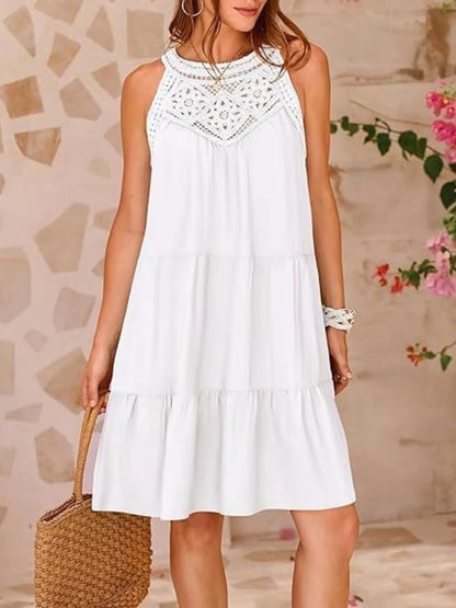 Crochet Lace Halter Neck Tiered Ruffle Mini Dress