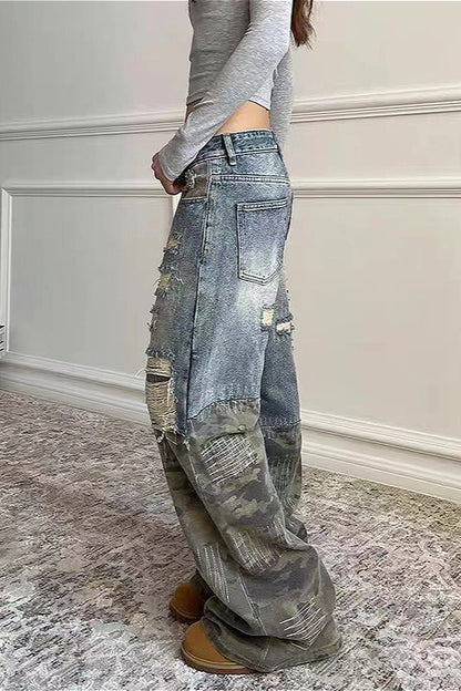 Washed Camo Patchwork Distressed Slim-Fit Jeans