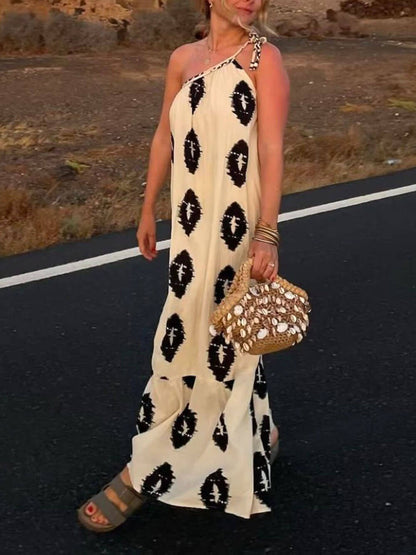 Ikat Diamond Print One Shoulder Draped Flowy Maxi Dress