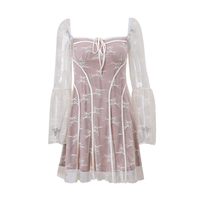 Floral Lace Overlay Square Neck Tie Front Bell Sleeve Mini Dress