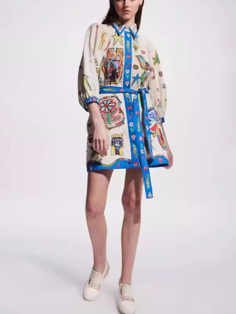 Graphic Print Contrast Trim Belted Puff Sleeve Shirt Mini Dress