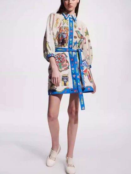 Graphic Print Contrast Trim Belted Puff Sleeve Shirt Mini Dress