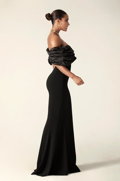 Off Shoulder Draped Satin Bodice High Split Column Maxi Gown