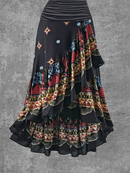 Round Neck Pleated Waist Geometric Print Tiered High Low Maxi Dress