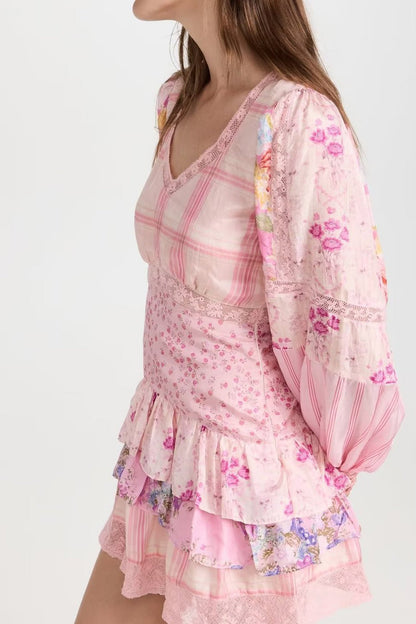 Patchwork Floral Long Sleeve Lace Trim Tiered Ruffle Mini Dress