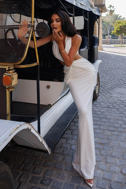 Sheer Panel Halter Formal Dress