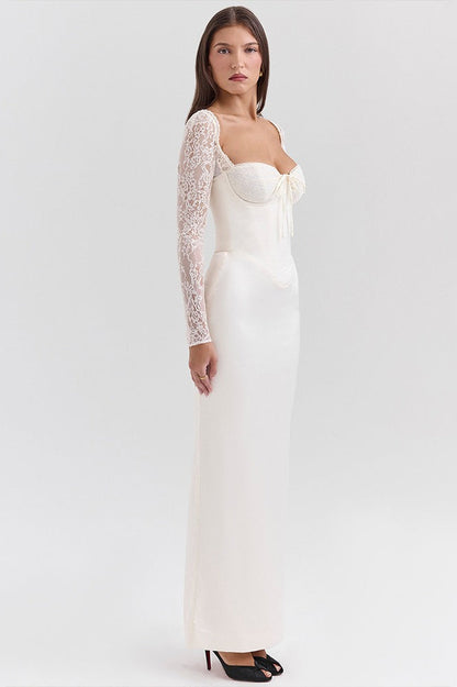 Lace Corset Sweetheart Long Sleeve Satin Column Maxi Dress