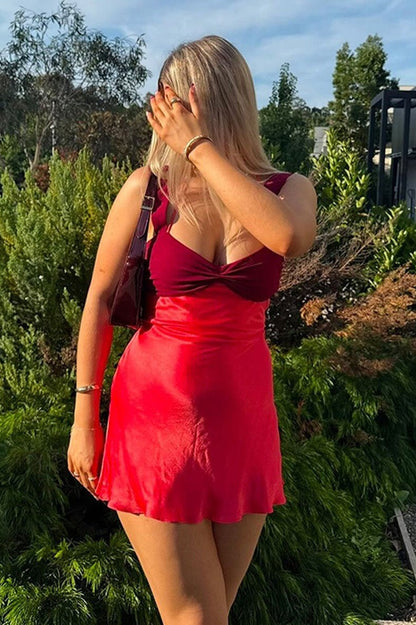 Colorblock Ruched Bust Halter Tie Shoulder Strap Satin Lettuce Hem Bodycon Mini Dress