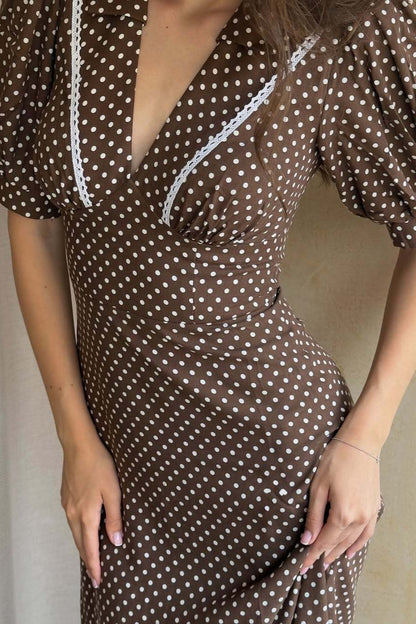 Brown Polka Dot V-Neck Puff Sleeve Bodycon Maxi Dress