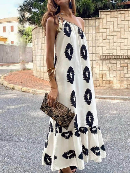 Ikat Diamond Print One Shoulder Draped Flowy Maxi Dress