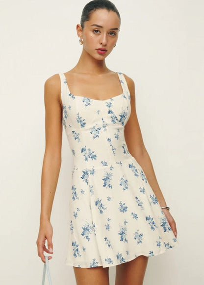 Square Neck Wide Strap Floral Print Skater Mini Dress