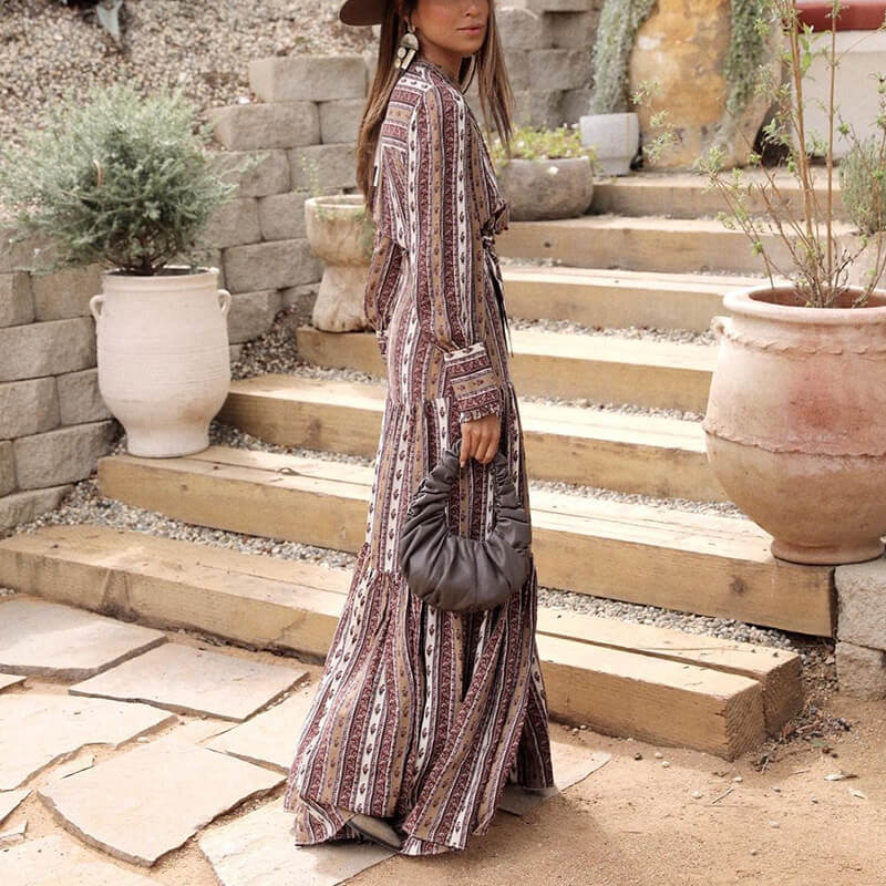 Long Sleeve V-Neck Tiered Boho Print Maxi Dress