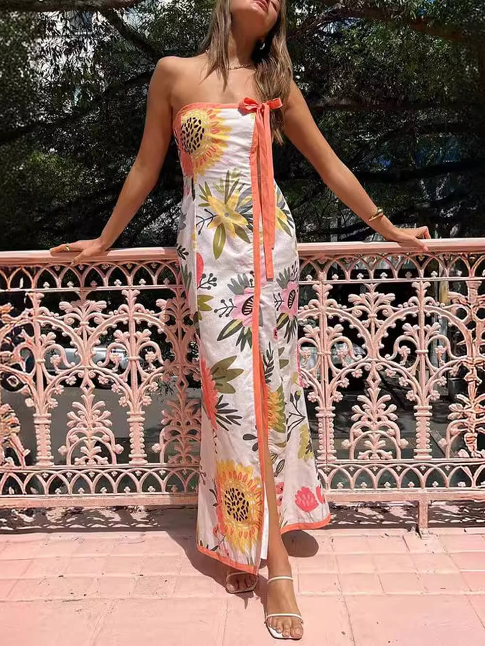 Strapless Bow Trim Floral Print Front Slit Maxi Dress
