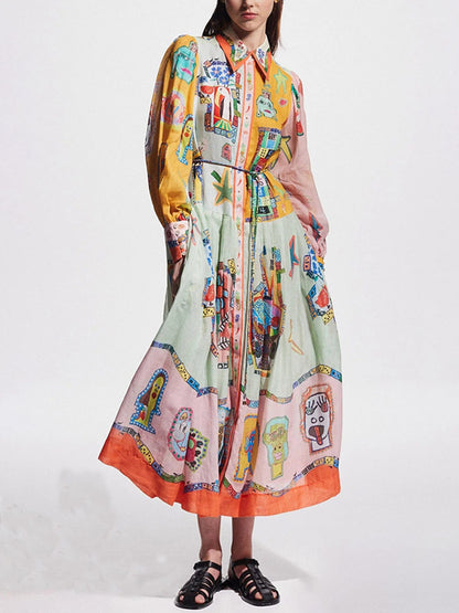 Graphic Print Colorblock Balloon Sleeve Belt Shirt Midi Dress